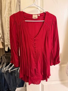 Women's Red Button-Front V-Neck Blouse